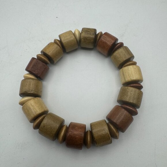 Stretchy Wooden Beaded Bracelet Natural Brown Beige Tones Handmade - Picture 4 of 4
